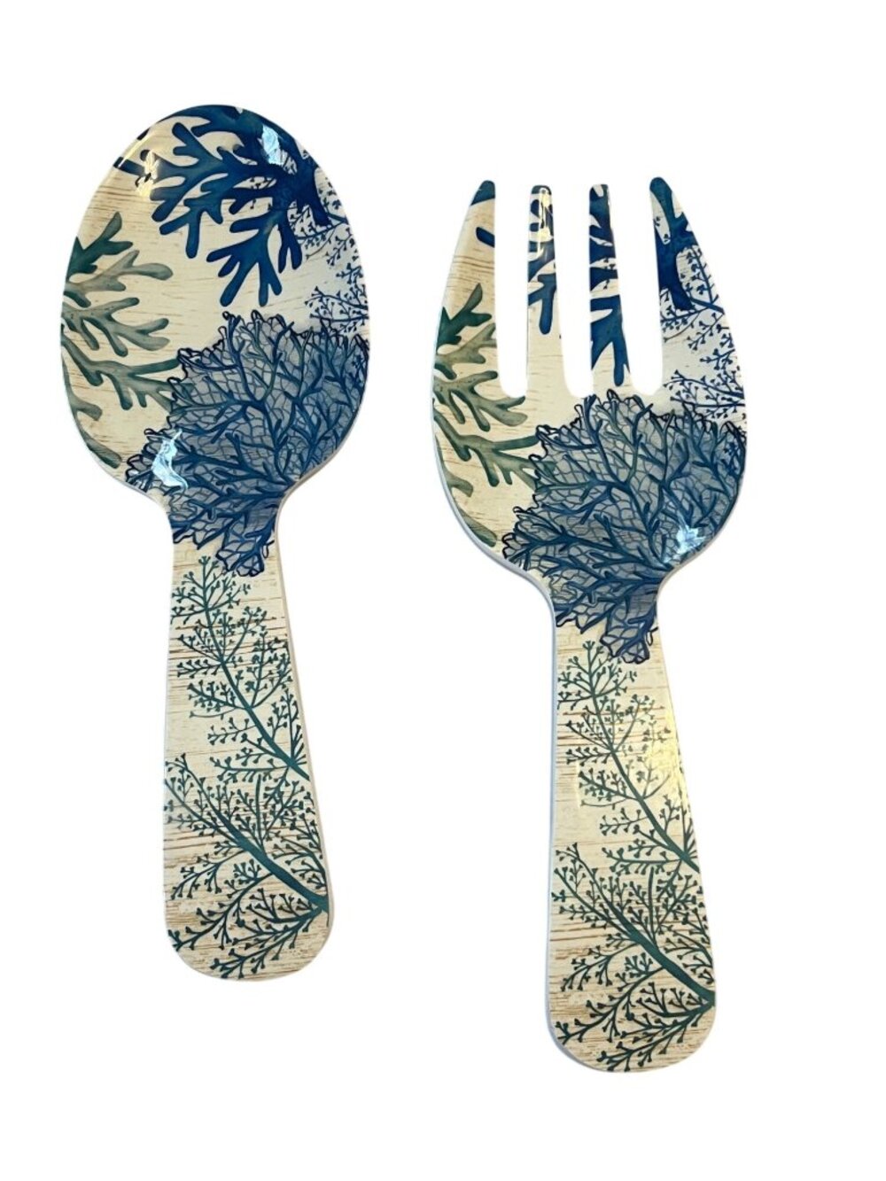 Nicole Miller Coral Salad Servers Set Blue Coastal Serving Spoon Fork 11”